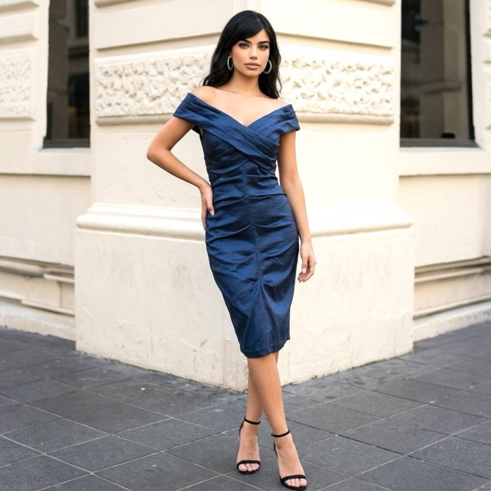Y2K Betsy&Adam Linda Bernell‎ Navy Off The Shoulder Ruched Bodycon Midi Dress